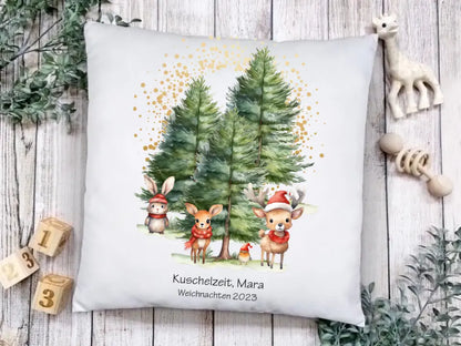 Weihnachtsgeschenk personalisiertes Geschenk kuscheliges Kissen mit Tannen Waldtieren für Kinder mit Namen und Wunschtext