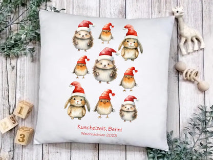 Weihnachtsgeschenk personalisiertes Geschenk kuscheliges Kissen mit Tannen Waldtieren für Kinder mit Namen und Wunschtext 3 Waldtiere