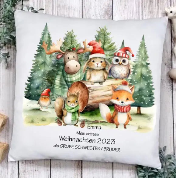 Weihnachtsgeschenk personalisiertes Geschenk kuscheliges Kissen mit Tannen Waldtieren für Kinder mit Namen und Wunschtext Häschen