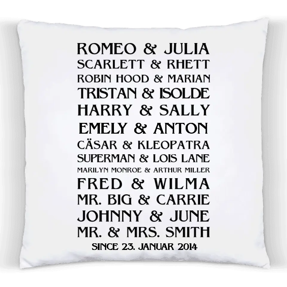 Hochzeitsgeschenk - Personalisiertes Sprüche Kissen Geschenk Romeo & Julia mit Namen & Datum - Geburtstagsgeschenk, Weihnachtsgeschenk