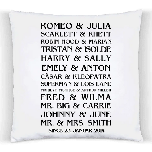Hochzeitsgeschenk - Personalisiertes Sprüche Kissen Geschenk Romeo & Julia mit Namen & Datum - Geburtstagsgeschenk, Weihnachtsgeschenk