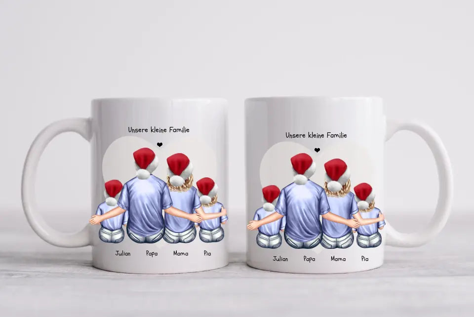 Personalisierte Tasse Familie mit 2 Kindern - Nikolausgeschenk, Weihnachtstasse personalisiertes Weihnachtsgeschenk Kaffeebecher