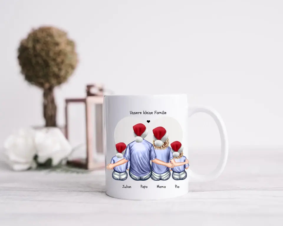 Personalisierte Tasse Familie mit 2 Kindern - Nikolausgeschenk, Weihnachtstasse personalisiertes Weihnachtsgeschenk Kaffeebecher