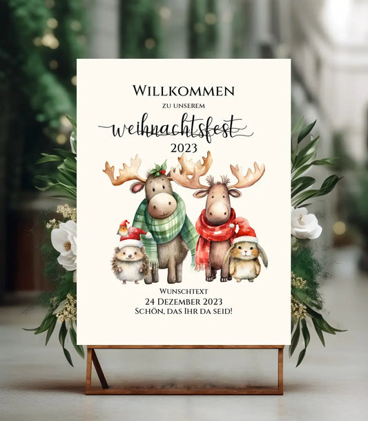 Weihnachtsposter | Willkommensschild Weihnachten | Einladung Weihnachten | Weihnachtsschild Willkommen mit Tannenbäumen und Waldtieren