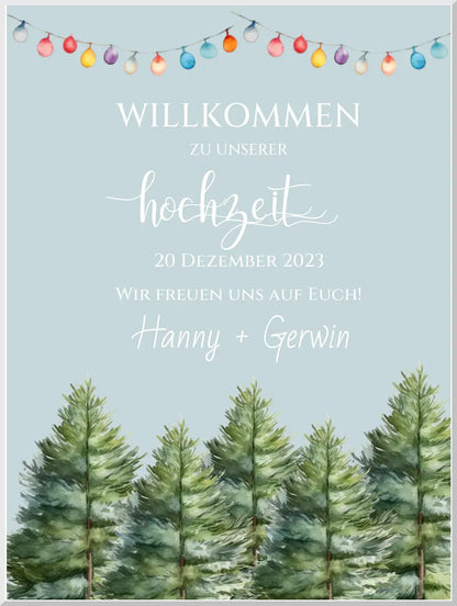 Hochzeitsschild Willkommen mit Tannenbäumen | Hochzeitsposter | Willkommensschild Hochzeit | Einladung Hochzeit | Hochzeitsempfang Leinwanddruck Leinwandbild