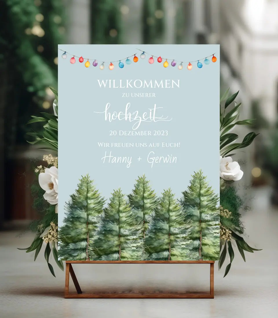 Hochzeitsschild Willkommen mit Tannenbäumen | Hochzeitsposter | Willkommensschild Hochzeit | Einladung Hochzeit | Hochzeitsempfang Poster