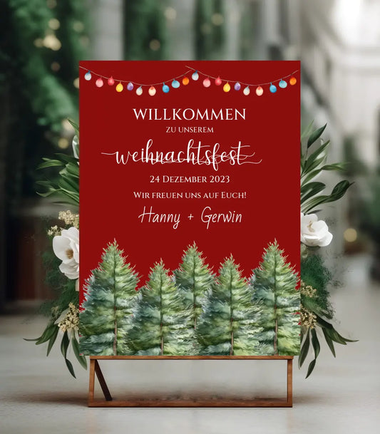 Weihnachtsschild Willkommen mit Tannenbäumen | Weihnachtsposter | Willkommensschild Weihnachten | Einladung Weihnachten | Weihnachten Einladung