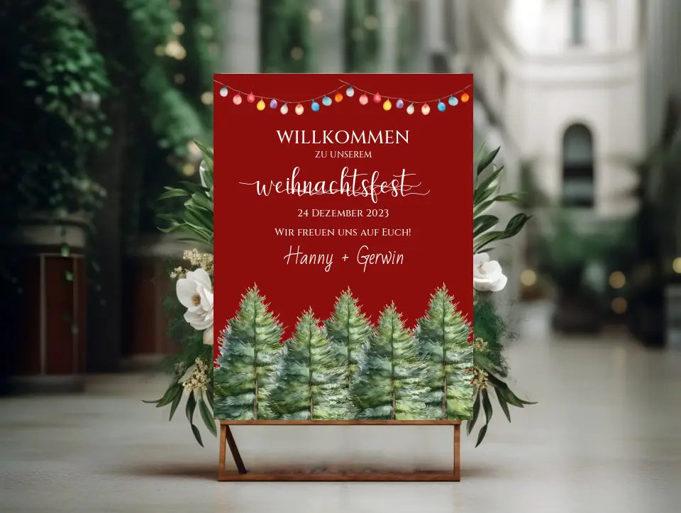 Weihnachtsschild Willkommen mit Tannenbäumen | Weihnachtsposter | Willkommensschild Weihnachten | Einladung Weihnachten | Weihnachten Einladung