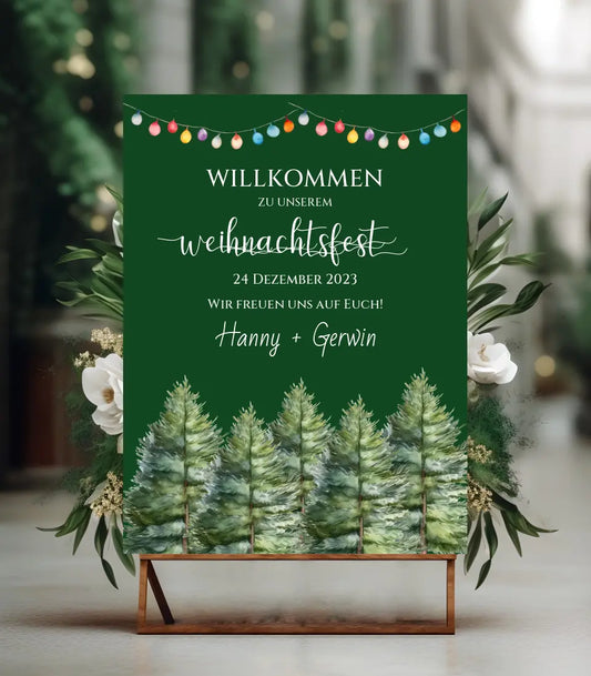 Weihnachtsschild Willkommen mit Tannenbäumen | Weihnachtsposter | Willkommensschild Weihnachten | Einladung Weihnachten | Weihnachten Einladung