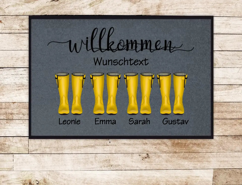 Fußmatte Gummistiefel - Personalisierte Fußmatte Geschenk Familie 1-5 Personen mit Wunschtext gestalten