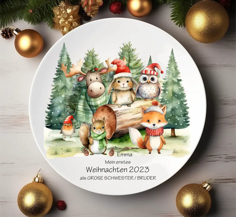 Personalisiertes Teller mit Tieren Nikolausgeschenk, Weihnachtsgeschenk Teller Junge, Mädchen mit Name und Wunschtext