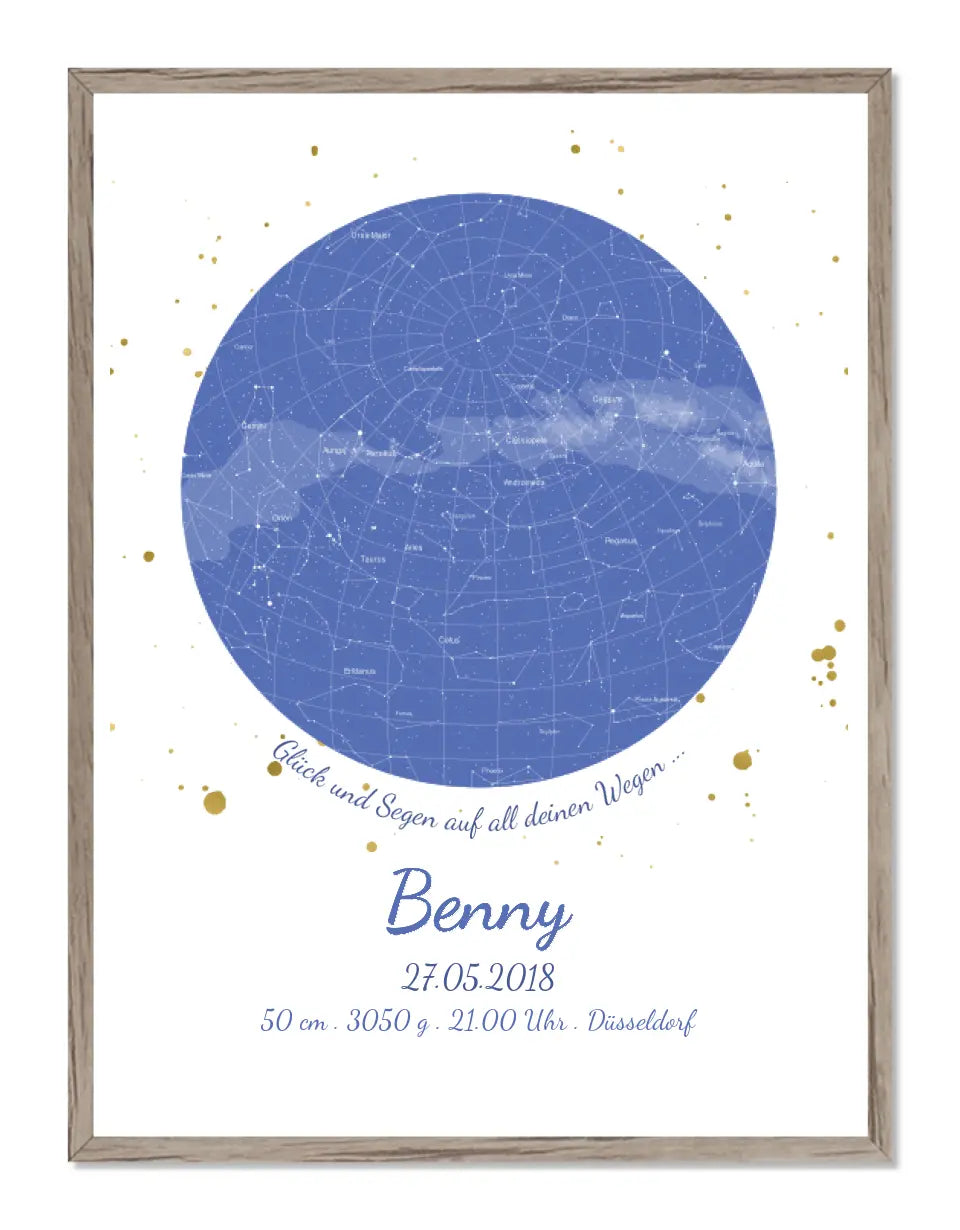 Personalisiertes Sternenbild - Sternenhimmel Poster - Sternenkarte Geschenk zur Geburt / Taufe / Geburtstag Junge