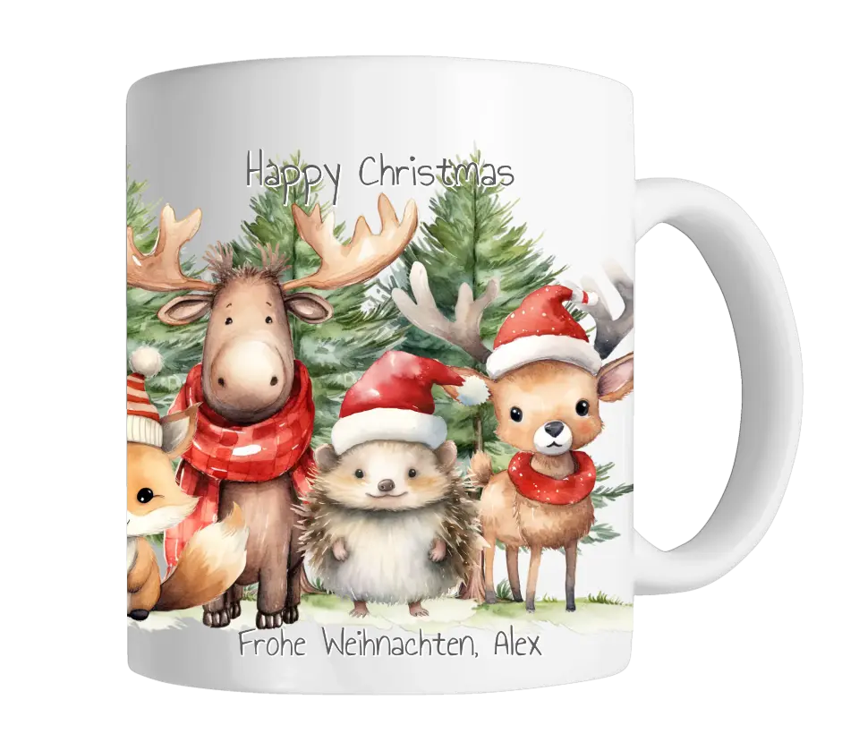 Weihnachtsgeschenk - Personalisierte Tasse Geschenk, Weihnachtstasse, Nikolaustasse mit Waldtieren und Tannenbäumen, Namen und Text gestalten