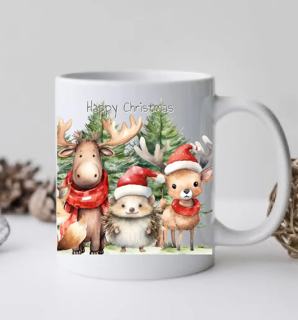 Weihnachtsgeschenk - Personalisierte Tasse Geschenk, Weihnachtstasse, Nikolaustasse mit Waldtieren und Tannenbäumen, Namen und Text gestalten