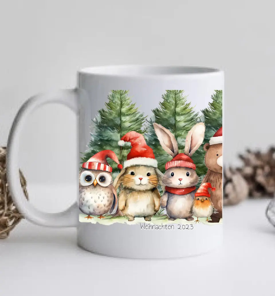 Weihnachtsgeschenk - Personalisierte Tasse Geschenk, Weihnachtstasse, Nikolaustasse mit Waldtieren und Tannenbäumen, Namen und Text gestalten