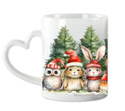 Weihnachtsgeschenk - Personalisierte Tasse Geschenk, Weihnachtstasse, Nikolaustasse mit Waldtieren und Tannenbäumen, Namen und Text gestalten
