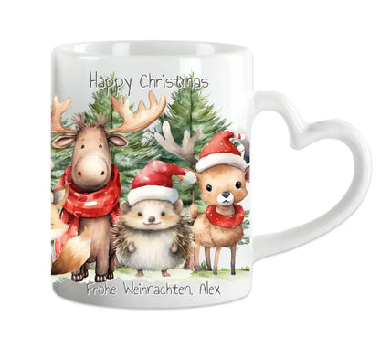 Weihnachtsgeschenk - Personalisierte Tasse Geschenk, Weihnachtstasse, Nikolaustasse mit Waldtieren und Tannenbäumen, Namen und Text gestalten