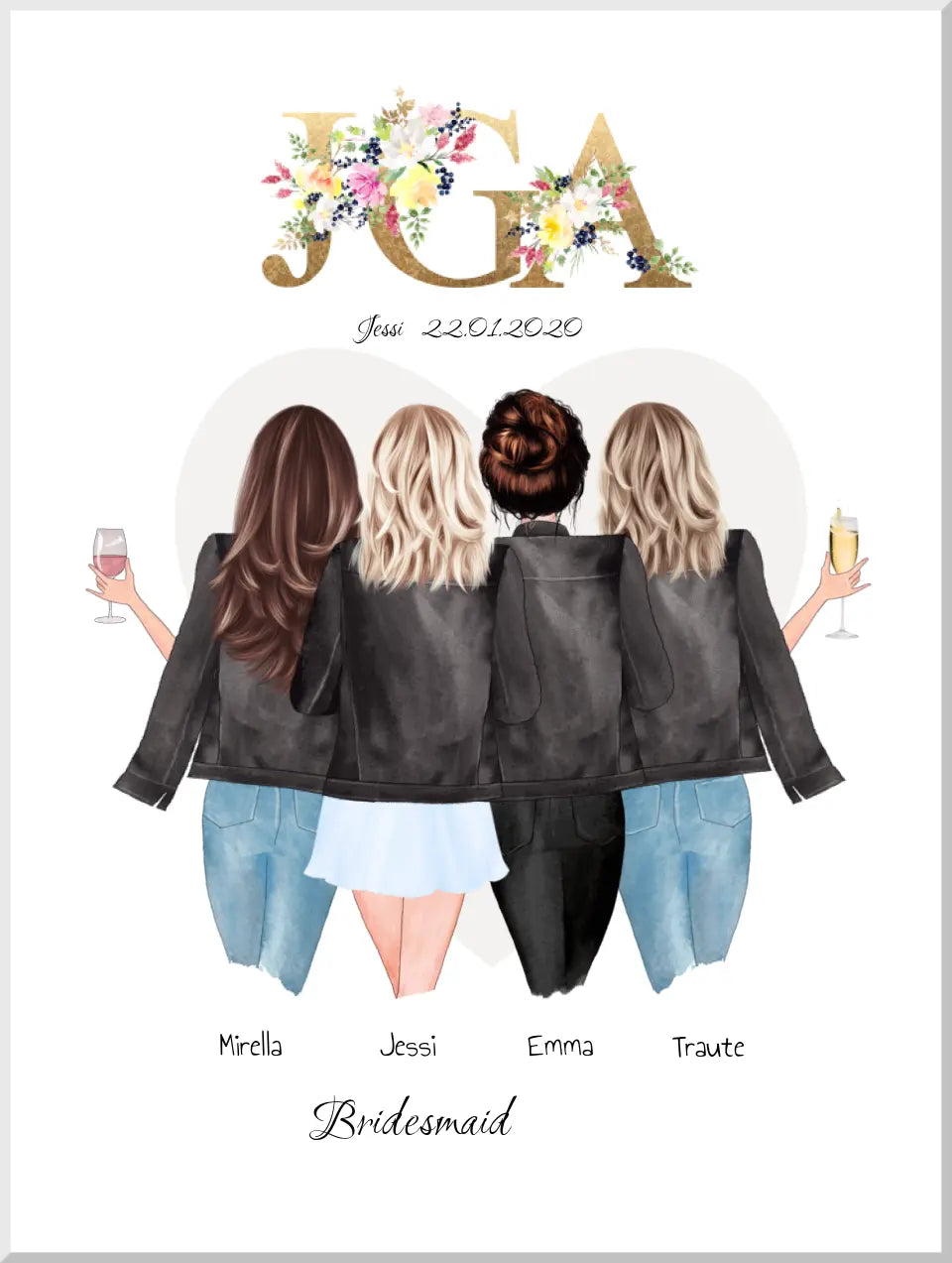 Junggesellinnenabschied Freundin Geschenk Personalisiert, JGA Poster, Team Braut, Bridesmaids, Braut Geschenk 4 Freundinnen