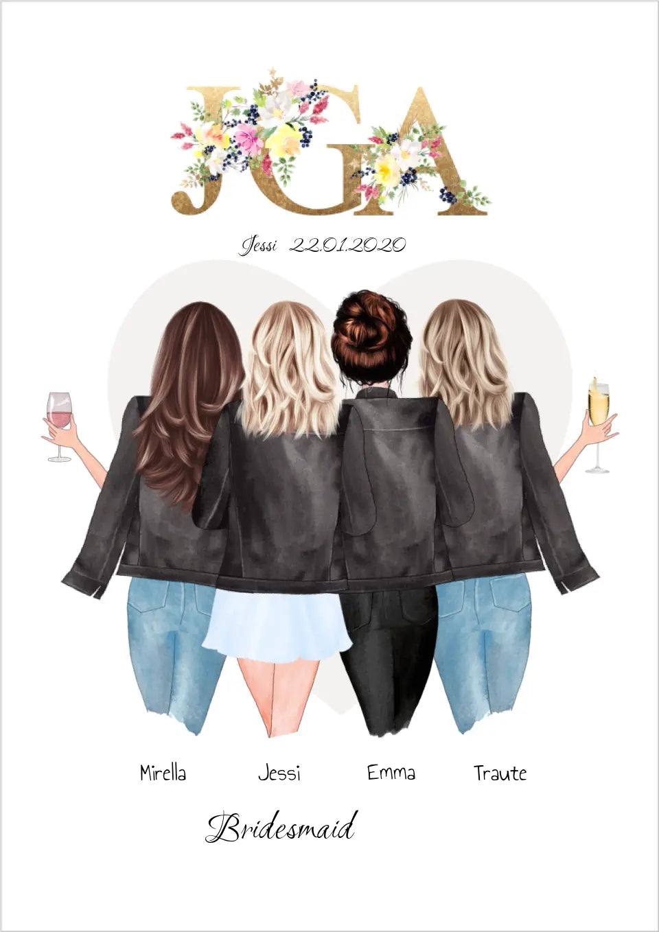 Junggesellinnenabschied Freundin Geschenk Personalisiert, JGA Poster, Team Braut, Bridesmaids, Braut Geschenk 4 Freundinnen