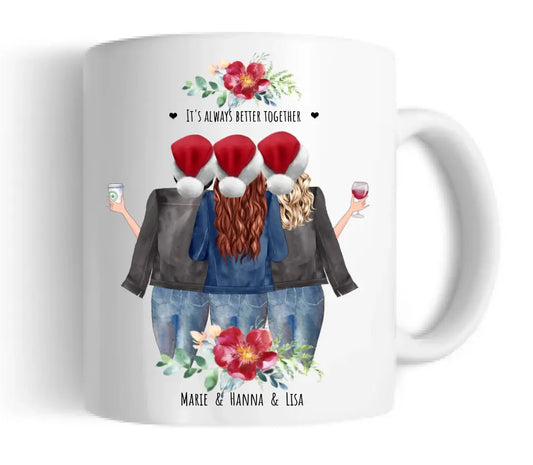 Weihnachtsgeschenk Freundin, Geschenk Weihnachtstasse mit 3 Freundinnen, Personalisierter Kaffeebecher Geschenk für Freundin