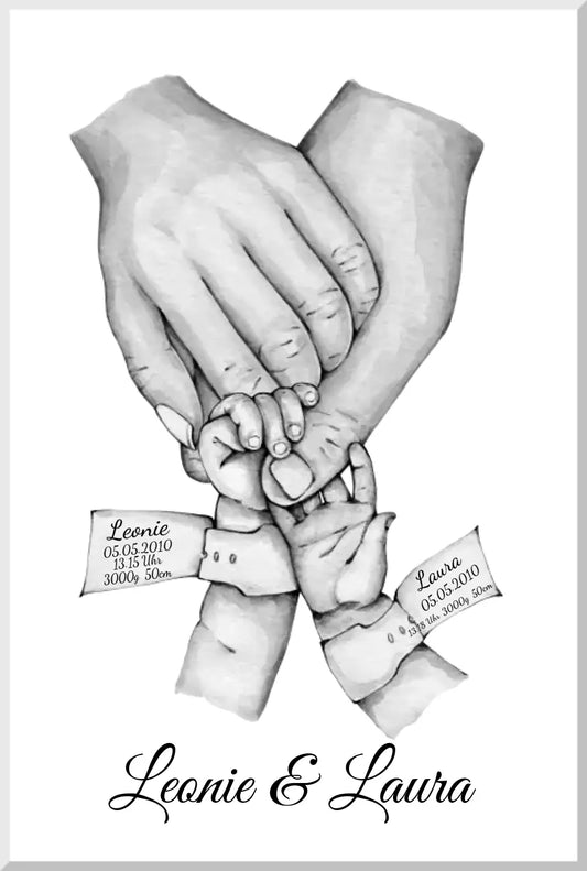 Personalisierte Geburtsanzeige für Zwillinge | Geburtsgeschenk Zwillinge Poster Geschenk zur Geburt | Hände Motiv Leinwanddruck Leinwandbild