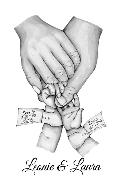 Personalisierte Geburtsanzeige für Zwillinge | Geburtsgeschenk Zwillinge Poster Geschenk zur Geburt | Hände Motiv
