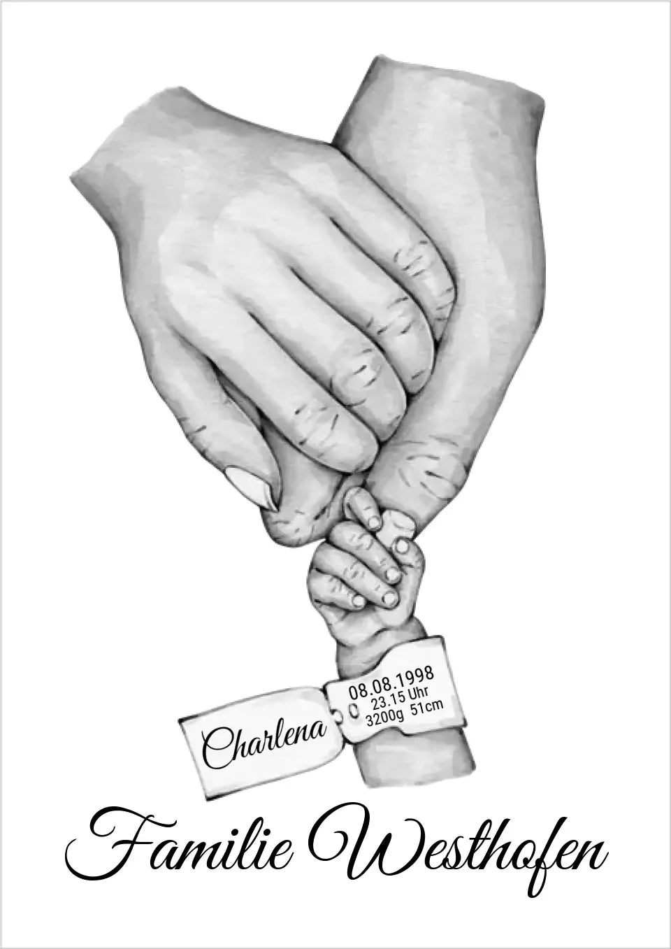 Geburtsanzeige Baby Hand Poster | Namen und Datum | Personalisiertes Familiengeschenk als Familienposter | Geschenk Geburt Hände Motiv
