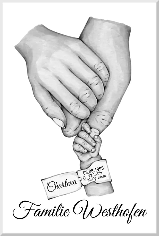 Geburtsanzeige Baby Hand Poster | Namen und Datum | Personalisiertes Familiengeschenk als Familienposter | Geschenk Geburt Hände Motiv Leinwanddruck Leinwandbild