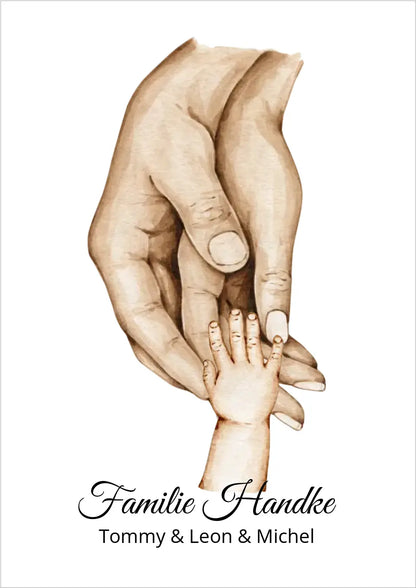 Poster Familie mit  Baby Namen und Datum | Personalisiertes Familiengeschenk als Familienposter Geschenk Geburt | Taufgeschenk mit Hände Motiv