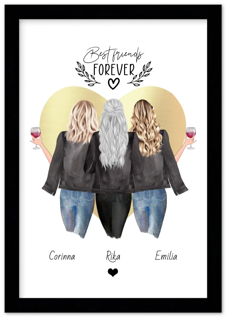 3 Beste Freundinnen Poster gerahmt - True Friends - Personalisiertes Geschenk Freundin Bild - Geburtstagsgeschenk Schwester