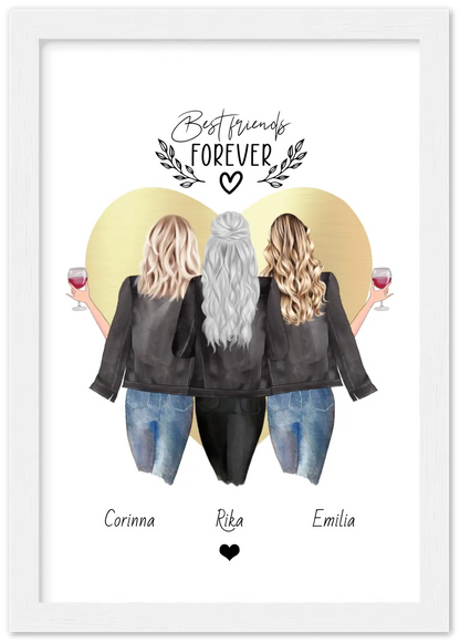 3 Beste Freundinnen Poster gerahmt - True Friends - Personalisiertes Geschenk Freundin Bild - Geburtstagsgeschenk Schwester