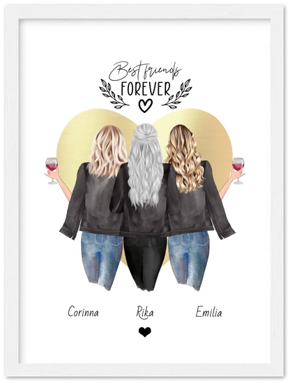 3 Beste Freundinnen Poster gerahmt - True Friends - Personalisiertes Geschenk Freundin Bild - Geburtstagsgeschenk Schwester