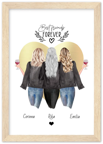 3 Beste Freundinnen Poster gerahmt - True Friends - Personalisiertes Geschenk Freundin Bild - Geburtstagsgeschenk Schwester