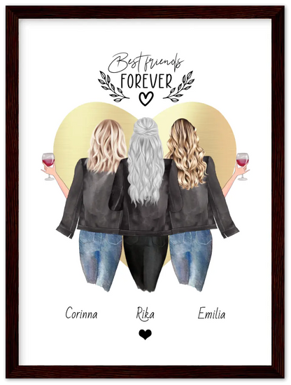 3 Beste Freundinnen Poster gerahmt - True Friends - Personalisiertes Geschenk Freundin Bild - Geburtstagsgeschenk Schwester