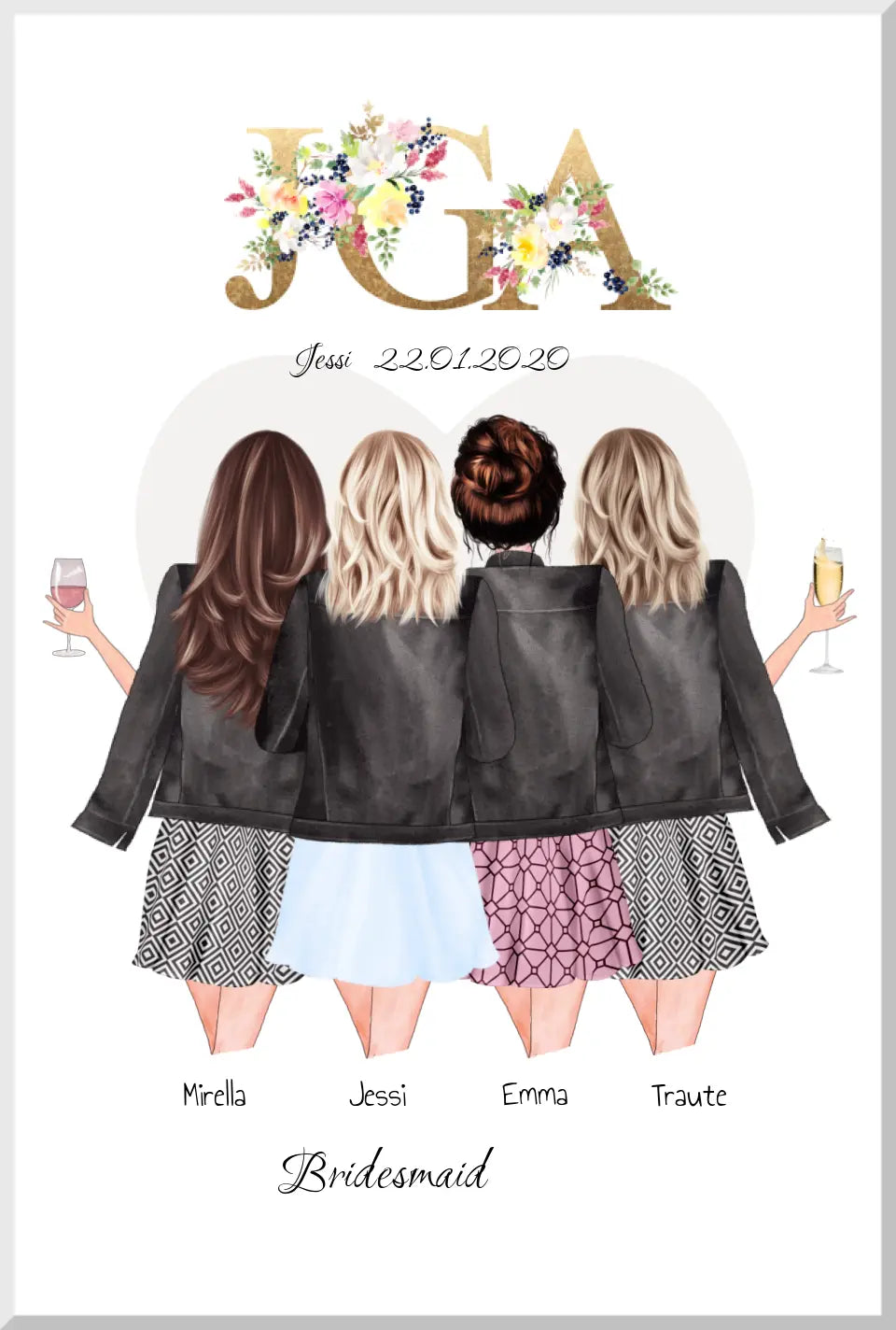 Personalisiertes Geschenk JGA Poster, Junggesellinnenabschied Freundin, Team Braut, Bridesmaids, Braut Geschenk 4 Freundinnen