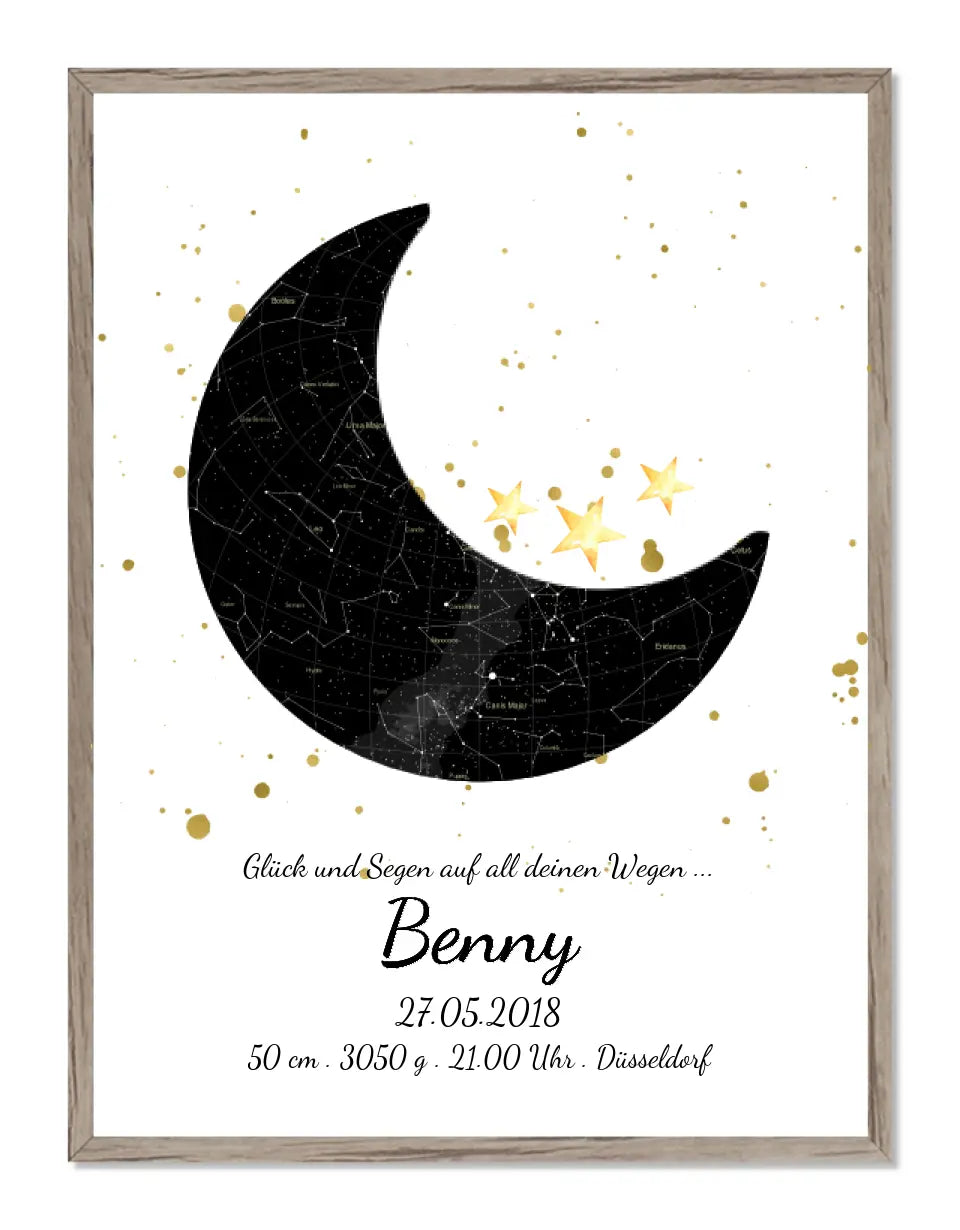 Personalisiertes Mond Sternenbild rot- Sternenhimmel Poster - Sternenkarte Geschenk zur Geburt / Taufe / Geburtstag Mädchen/Junge