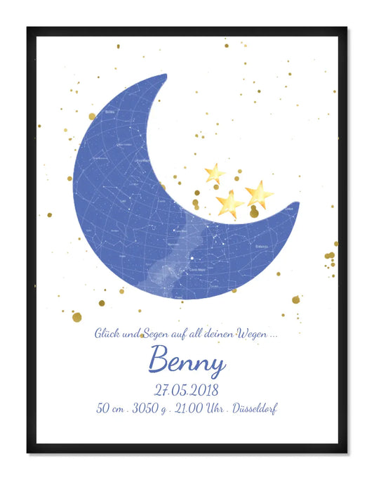 Personalisiertes Mond Sternenbild rot- Sternenhimmel Poster - Sternenkarte Geschenk zur Geburt / Taufe / Geburtstag Junge blau