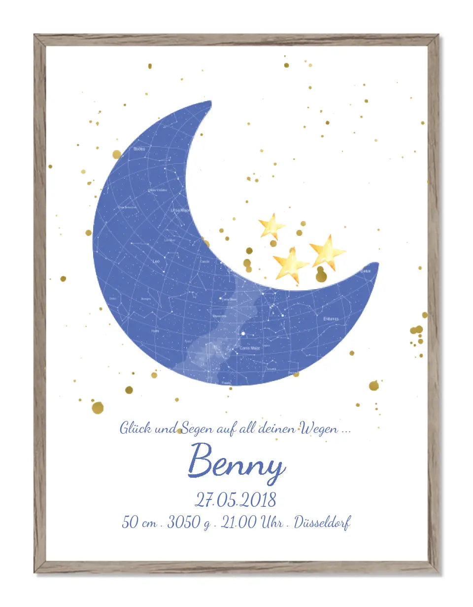 Personalisiertes Mond Sternenbild rot- Sternenhimmel Poster - Sternenkarte Geschenk zur Geburt / Taufe / Geburtstag Junge blau