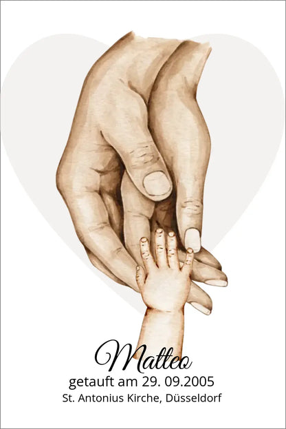 Taufgeschenk mit Namen und Datum | Tasse / Teller / Poster | Personalisiertes Babygeschenk | Geschenk zur Taufe | Geburtsgeschenk | Hände