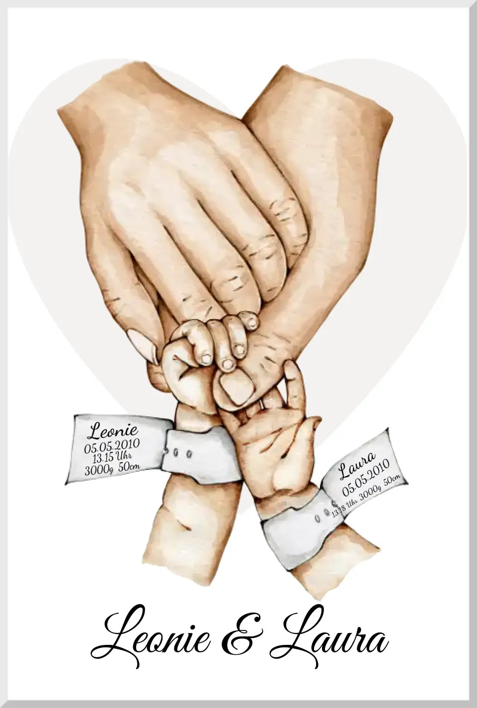 Personalisiertes Familienposter Geburtsanzeige Zwillinge Hände | Bild Familie | Familienname | Kindername | Geburtsdaten