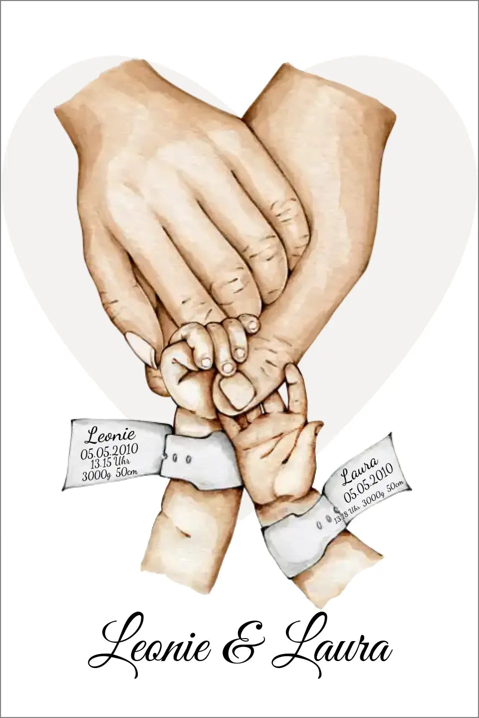 Personalisiertes Familienposter Geburtsanzeige Zwillinge Hände | Bild Familie | Familienname | Kindername | Geburtsdaten