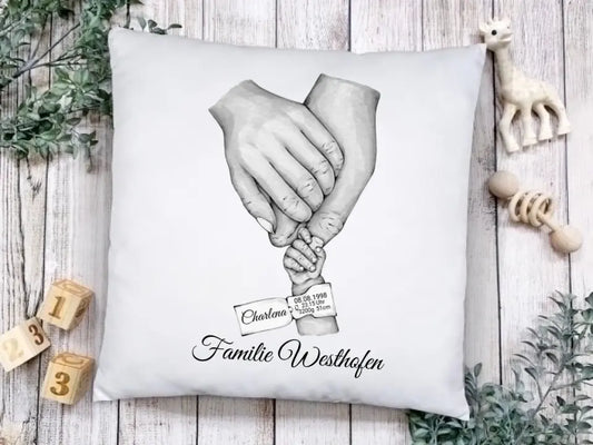 Geburtsgeschenk & Taufgeschenk Babygeschenk Kissen personalisiert zur Geburt & Taufe mit Namen und Geburtsdaten | Hände Motiv