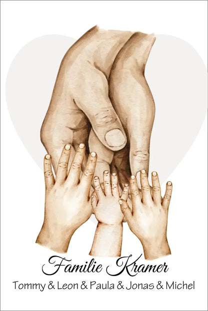 Personalisiertes Familiengeschenk als Familienposter zur Geburt & Taufe mit Hände Motiv | Namen 5 Personen | Bild Familie