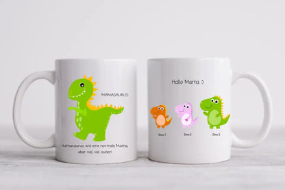 Personalisierte Tasse Mamasaurus | Omasaurus Tasse für alle Eltern mit 1-9 Kindernamen und kleinen Dinos-freie Texteingabe