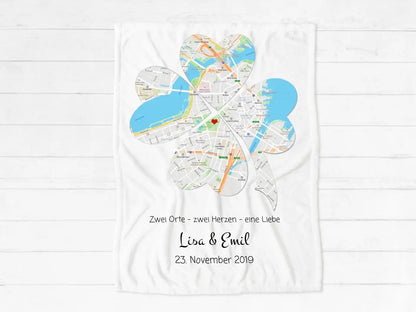 Wo alles begann Stadtkarte Motiv Kleeblatt - Fleece Decke - Hochzeitsgeschenk - Geschenk Weihnachten - Geschenk Hochzeit