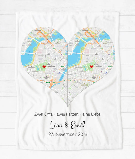 Wo alles begann - Stadtkarte Fleece Decke - 2 Herzen - Hochzeitsgeschenk - Partnergeschenk - Weihnachtsgeschenk