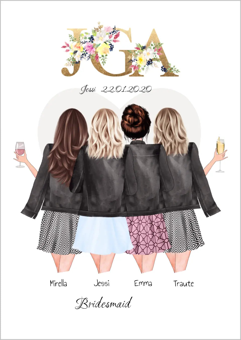 Team Braut, Junggesellinnenabschied Geschenk Personalisiert, JGA Poster, Bridesmaids, Braut Geschenk 4 Freundinnen Poster Poster