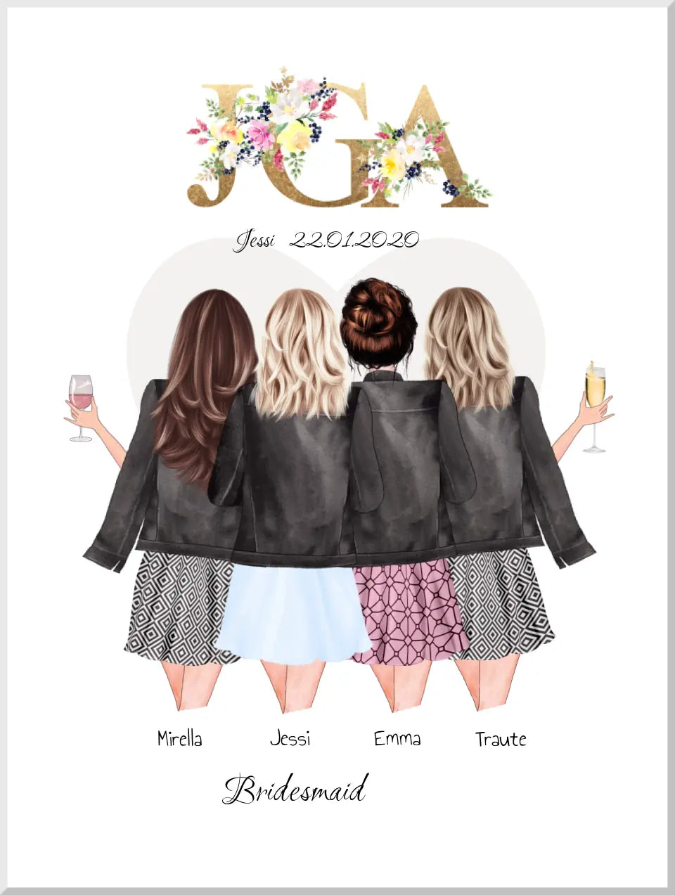 Team Braut, Junggesellinnenabschied Geschenk Personalisiert, JGA Poster, Bridesmaids, Braut Geschenk 4 Freundinnen Leinwanddruck Leinwandbild
