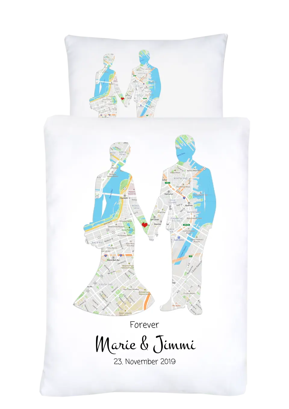 Hochzeitsgeschenk Just Married | Personalisierter Bettbezug Brautpaar Motiv | Geschenk zur Hochzeit, Valentin, Liebe im Koordinaten Stadtkarte Design