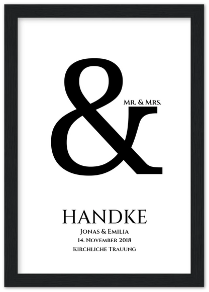 Personalisiertes Hochzeitsposter "Ampersand" | Mr. & Mrs. Bild Hochzeitsgeschenk Premium Matte Paper Wooden Framed Poster - Black - Vertical Gerahmtes Poster A4 21x29.7 cm
